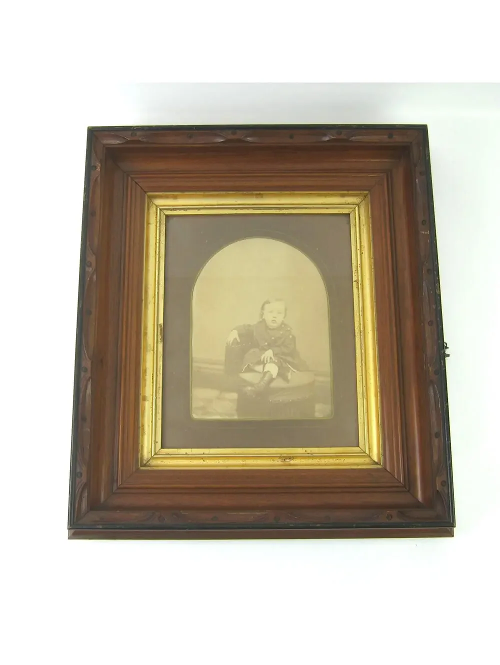 Antique Victorian Deep Picture Frame Carved Wood Gold Gilt Child Photo Glass 16